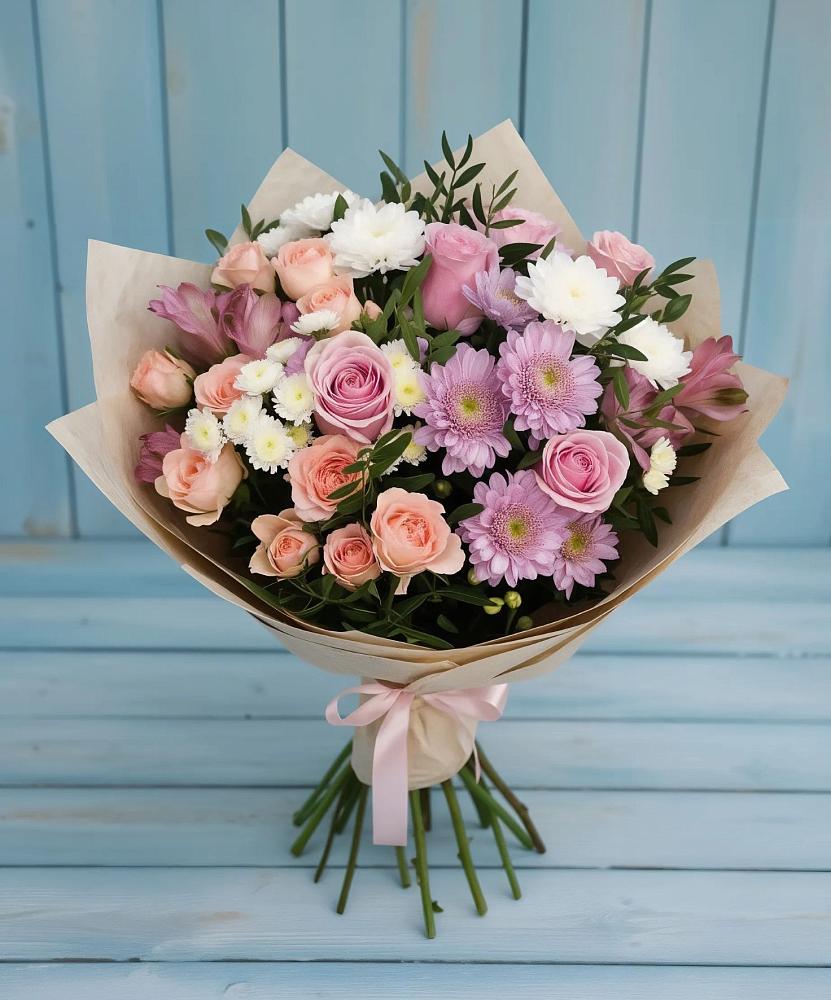 Букет цветов из: Хризантемы, Розы и Альстромерии в Углегорске