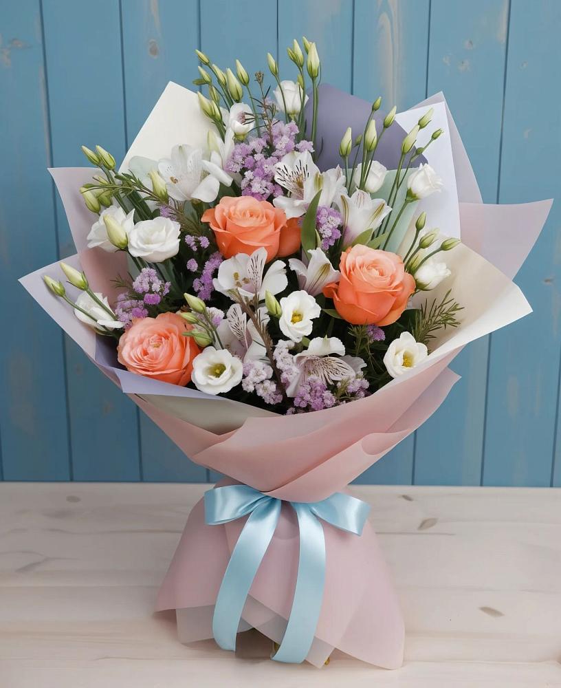 Букет цветов из: Лизиантусы, Розы, Альстромерии и Гипсофила в Углегорске